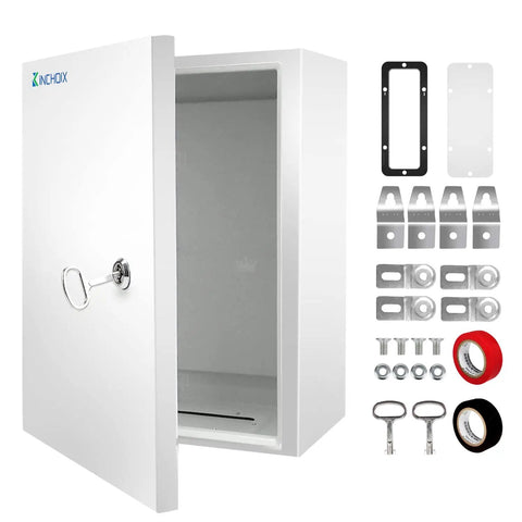 Beefy Outdoor Electrical Box 16 By 12 By 8 Inch NEMA 4X Waterproof Steel Enclosure with lock and installation accessories.
