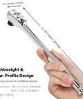 Stubby Half Inch Drive Ratchet Handle With 120 Tooth Sealed Head shown with dimensions, lightweight design held in hand.