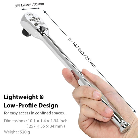 Stubby Half Inch Drive Ratchet Handle With 120 Tooth Sealed Head shown with dimensions, lightweight design held in hand.