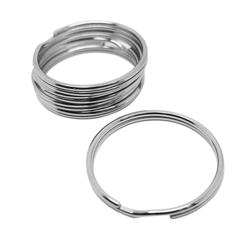51mm Stainless Steel Split Rings For BCD Attachment, 2.5mm Wire, 5 Pack shown in stack and single, ideal for scuba gear.