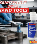 Blue Gel Threadlocker, Medium Strength, 1.20 Oz Bottle, Removable With Hand Tools, Locks Metal Fasteners, 2-Pack in use.