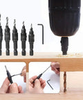 Hex Shank Countersink Drill Bit Set With Top Notch Pro Grade High Speed Steel Bits For Pilot Holes And Chamfering, Adjustable Depth, 5 Piece Set Includes Wrench For Precise Countersinking In Wood Metal Plastic, shown with drill in action and close-up views