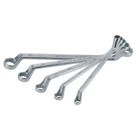 Offset Box End Wrench Set SAE 5 Piece With 45 Degree Angled Ends, Double Offset Design, Full Polish Chrome Finish
