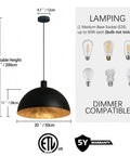 Black Dome Pendant Light With Dope Gold Leaf Interior, 20 Inch Industrial Chandelier diagram showing dimensions and bulb compatibility.