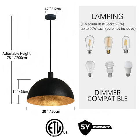 Black Dome Pendant Light With Dope Gold Leaf Interior, 20 Inch Industrial Chandelier diagram showing dimensions and bulb compatibility.