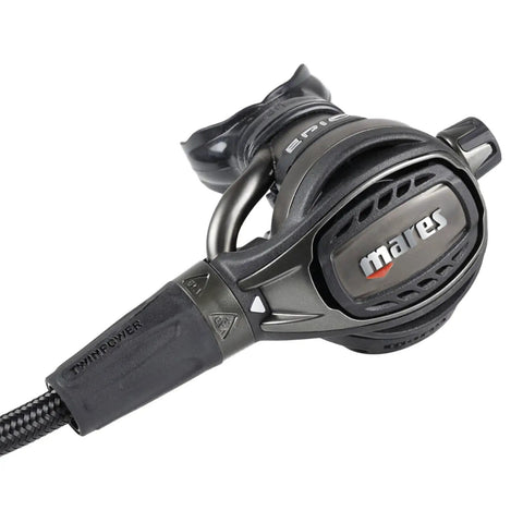 Epic ADJ 82X Scuba Regulator Set close-up of second stage with PVD coating, showing pneumatically balanced design and durable hose.