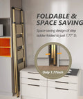 Five Step Ladder With Handrail Champagne Gold For Home Use Top Handle Design With Non Slip Rubber Feet Stable Easy Up And Down Stool For Kitchen Garage And Office Tasks folded to 1.77 inch against wall