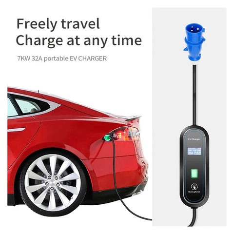 Red electric vehicle charging with Heavy Duty Portable EV Charger With Type Two To Type One Adapter 7kW 32Amp.