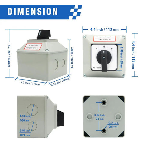 Dimensions of 32A Rotary Changeover Switch Box with exterior housing, 3 position 3 phase, 12 terminals, shown from multiple angles