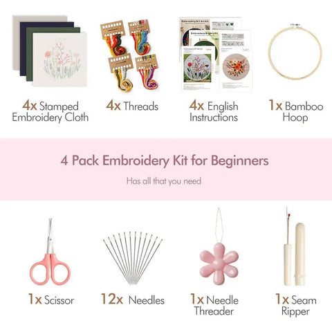 Four Pack Embroidery Kit For Beginners And Adults DIY Starter Set With Flower Patterns Cross Stitch Includes Embroidery Hoop Tools