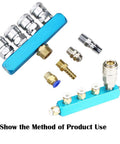 1/4 Inch Inline Pneumatic Manifold Block With Five Ports And Two Way Flow Aluminum Air Hose Splitter, components displayed