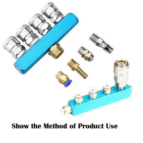1/4 Inch Inline Pneumatic Manifold Block With Five Ports And Two Way Flow Aluminum Air Hose Splitter, components displayed