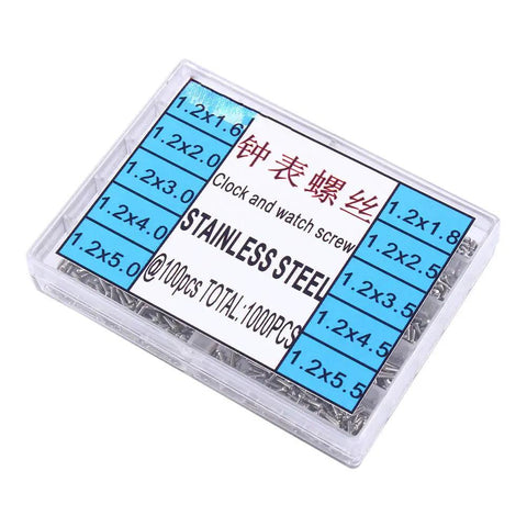 Top Shelf Stainless Steel Watch Repair Tool Kit Features One Thousand Micro Eyeglass And Clock Back Screws For Quick Spectacle Adjustments No Sweat At All packed in a clear case.
