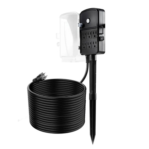 Outdoor Power Stake With Weatherproof Cover And Overload Protection No Fuss 50 Ft Extension Cord Six Outlets 15A 1875W Waterproof Power Strip For Halloween And Christmas Lights And Other Outdoor Gadgets, black stake-mounted unit with coiled cord