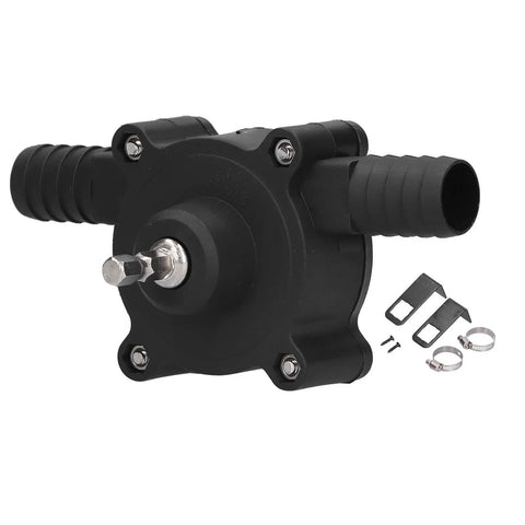 Heavy Duty Electric Drill Oil Pump For Fast Water Transfer Self Priming High Capacity Fluid Siphon Tool, black durable design with fittings.