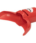 Red plastic Dust Containment Vacuum Attachment for bucket rims, ideal for preventing mortar and grout dust from flying.