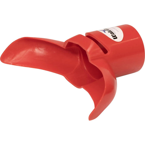 Red plastic Dust Containment Vacuum Attachment for bucket rims, ideal for preventing mortar and grout dust from flying.