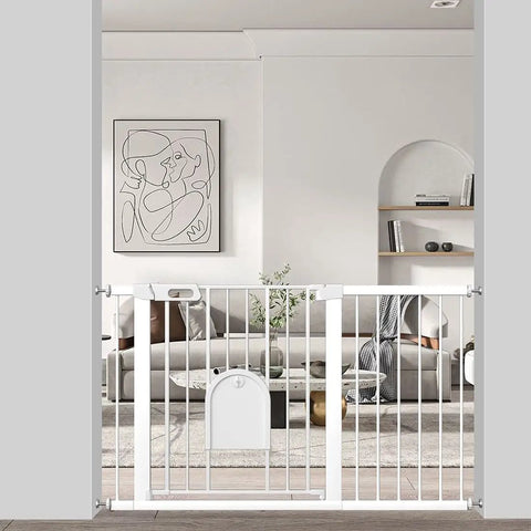 Adjustable Walk Through Baby Gate With Cat Door And Small Pet Door, Tension Mounted No Drill, Pressure Gate in home interior