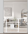 Extra Wide Baby Gate With Cat Door Walk Through Small Pet Door Safety Gate for stair and kitchen, white metal, living room view