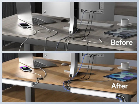 Before and after using 4 Pack Under Desk Cable Management Kit J Channel Cord Organizer For Office And Home Keeps Cables Neat And Clutter Free Each 15.7 Inches Long Hides Cables Under Any Desk Surface For A Clean Professional Look.