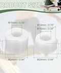 Product size dimensions for skateboard truck rebuild kit with bushings, washers, pivot cups for longboards, 92A PU white bushings.