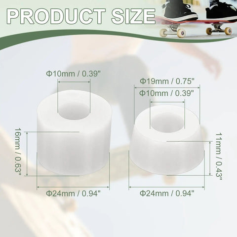 Product size dimensions for skateboard truck rebuild kit with bushings, washers, pivot cups for longboards, 92A PU white bushings.