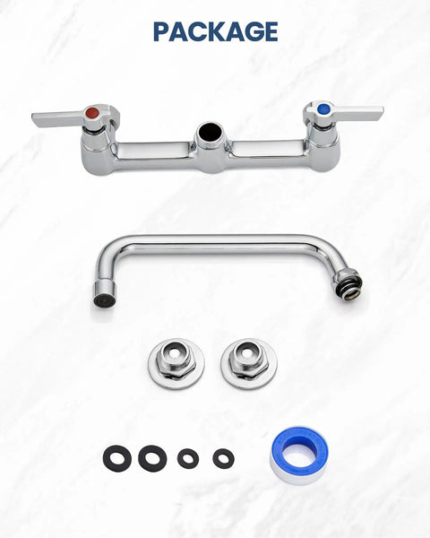 Rock Solid Wall Mount Kitchen Faucet With Swivel Spout And Dual Handles crafted from premium lead free solid brass chrome finish, parts included.