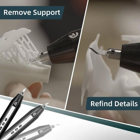 Cordless Ultrasonic Craft Cutter Kit For DIY Projects Multi Material Cutter For Acrylic EVA Leather PLA PVC Resin Rubber Wood Wireless Design Pro Grade Beast Mode Precision And Versatile Crafting, shown refining details and removing support in a crafting project.