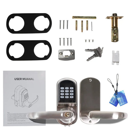 3 In 1 Ultra Secure Electronic Keypad Door Lock With Handle For Front Door Keypad Card FOB Access And Physical Key Auto Lock Right Handed Satin Nickel Finish Easy Family Safe Keyless Entry set with accessories