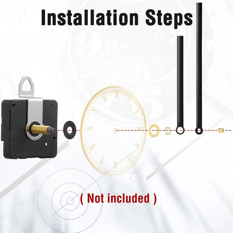 Installation steps for DIY Clock Repair Kit With Four High Torque Long Shaft Movements, focusing on shaft and hands assembly.