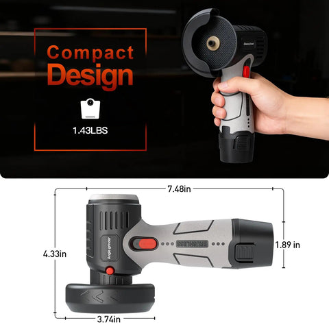 Hand holding Beast Of A Brushless Cordless Angle Grinder Kit With 19500 RPM Dual 16.8V 2000mAh Batteries, compact design