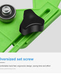 Close-up of Drill Bit Hole Saw Guide For Ceramic Tile And Glass, Adjustable Tile Hole Cutter Centering Locator Holder Jig Fixture, featuring a repositionable bearing and oversized set screw on green durable ABS construction.