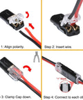 Steps to use Double Wire Plug In Connector With Locking Buckle No Tools Needed Quick Clip Fasteners For Strip Lights DIY Projects And Model Kits Multi Purpose Snap On Blocks 2 Pin Low Voltage Decor