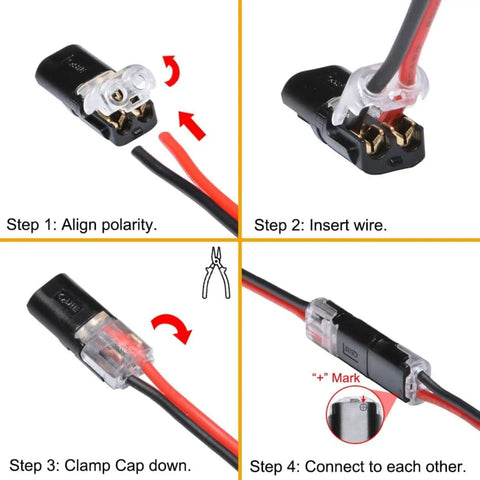 Steps to use Double Wire Plug In Connector With Locking Buckle No Tools Needed Quick Clip Fasteners For Strip Lights DIY Projects And Model Kits Multi Purpose Snap On Blocks 2 Pin Low Voltage Decor