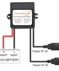 Wiring diagram of Dual USB 5V Buck Converter From 12V 24V To 5V 6A 30W Step Down Power Module with two USB outputs labeled.