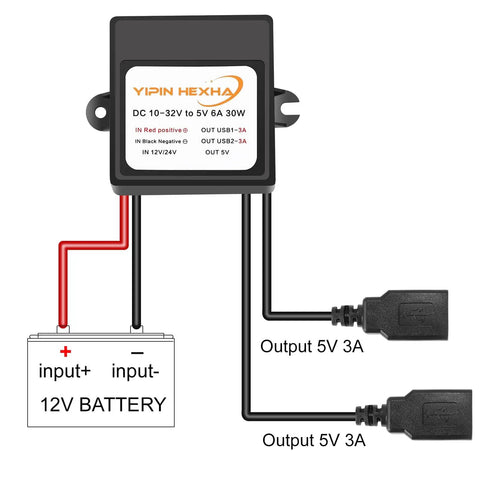 Wiring diagram of Dual USB 5V Buck Converter From 12V 24V To 5V 6A 30W Step Down Power Module with two USB outputs labeled.