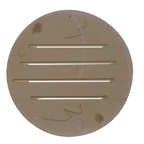 Round Gable Vent Louver 12x12 Endurathane Exterior Vent Functional Paintable White Primed Finish Lightweight And Easy To Install Won’t Crack Warp Or Split Weather Resistant To 140 Degrees 1 1/8 Inch Projection, front view.