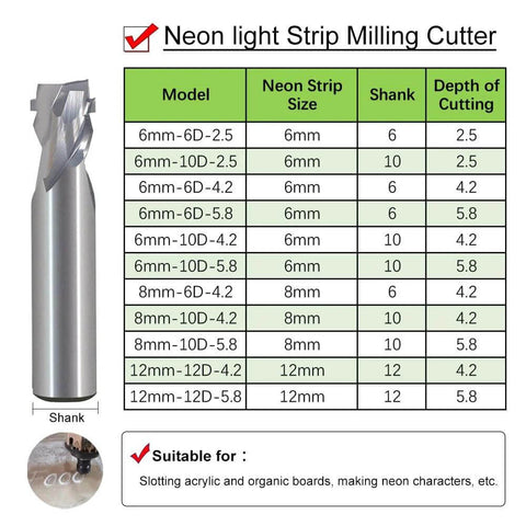 Side view of 6mm neon cutter router bit with tungsten carbide end mill and 6mm shank