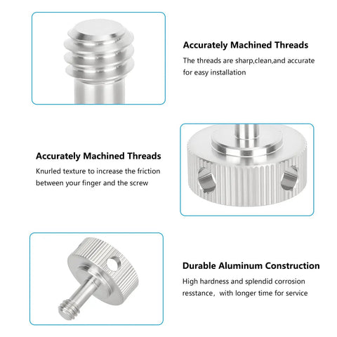 Stainless Steel 1/4 20 Captive Thumbscrews 2 Pack For Camera Cage Rigging And Support Gear showing accurately machined threads and durable aluminum construction.