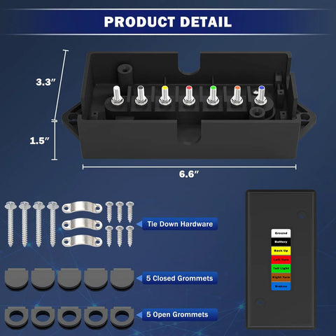 7 Way Trailer Junction Box Weatherproof 7 Pin Wiring Box with color-coded terminals and accessories, sized for RV lights rewiring