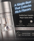 Top Tier Plug In Electric Burr Coffee Grinder With 53 Mm Stainless Steel Conical Burrs And Nitty Gritty Infinite Adjustment for precise single dose espresso.