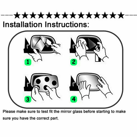 Diagram showing how to install the Left Driver Side Mirror Glass Replacement for Volvo 2008-2013 with adhesive pads, no backing plate.