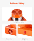 Orange VEVOR hydraulic bottle jack with round non-slip saddle, release valve and safety valve