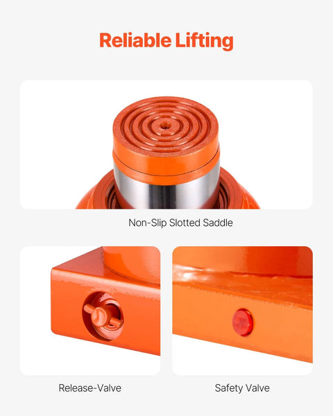 Orange VEVOR hydraulic bottle jack with round non-slip saddle, release valve and safety valve