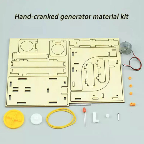 Hands-On Hand Crank Generator Kit For DIY Science Project With Light Bulb, Kid-Friendly Educational Physics And Electromagnetism STEM Kit For Students, Two Piece Set In Random Colors parts laid out