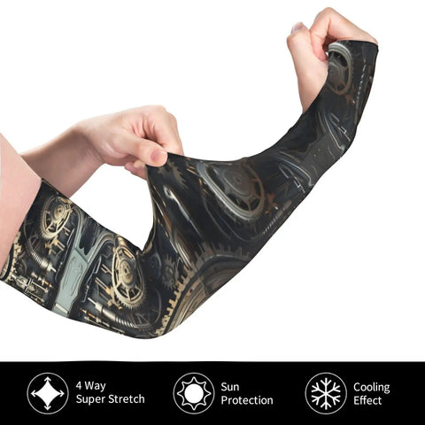 Chill Out Ice Silk Sun Sleeves Ultra Lightweight Cooling Arm Shades for Road Cycling, showcasing a hand stretching the black gear design.
