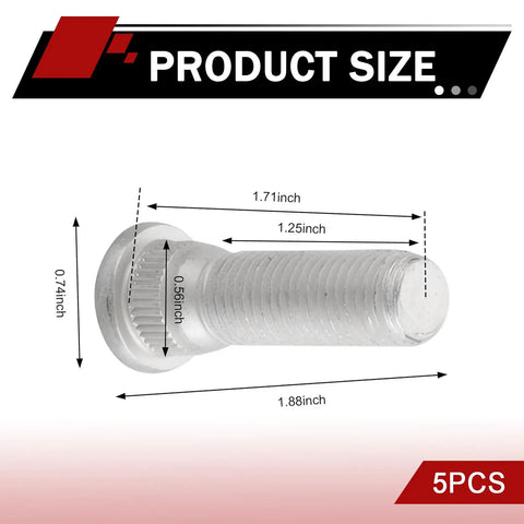 5 Pack Garage Grade Wheel Studs And Tire Lug Nuts M12 X 1.5 Extended Hub Bolts Rust Proof Auto Hardware built tough dimensions shown.