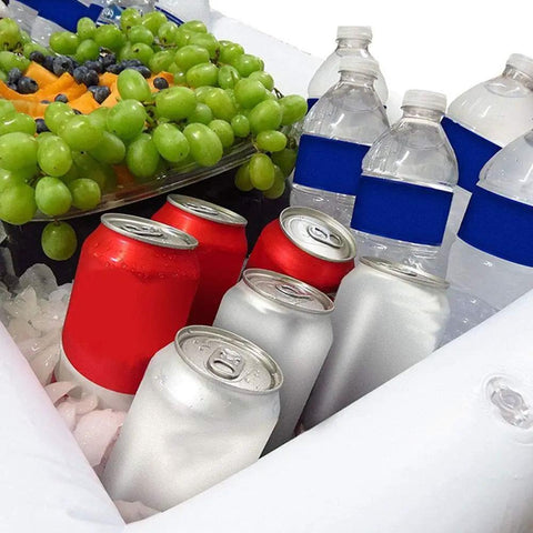 Inflatable Serving Bar For Summer Parties With Ice Chiller, Buffet Station, Drink Holder And Cooler Tray, drinks and fruit setup