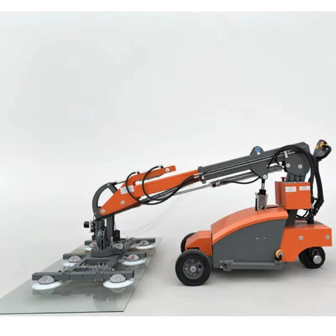 Heavy Duty Electric Glass Suction Lifter With Wireless Remote And Rock Solid Vacuum Grip Robot For No Sweat Construction Site Work And Fast Warehouse Panel Moves, side view on flat glass.