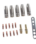 Copper Welding Torch Consumables Set With Protection Nozzle, Contact Tip, and Connecting Kit for MIG Welders, assorted parts displayed